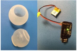 A side-by-side of the ball toy on the left and electronics on the right