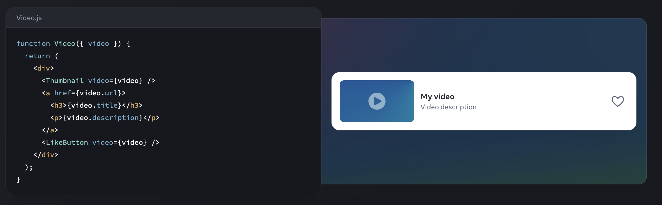 A side by side code example that showcases a video player component in React
